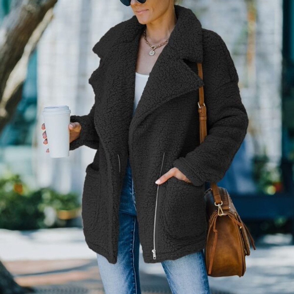 Cozy Khaki Tan Wide Collar Teddy Jacket Coat Oversized - Picture 16 of 16